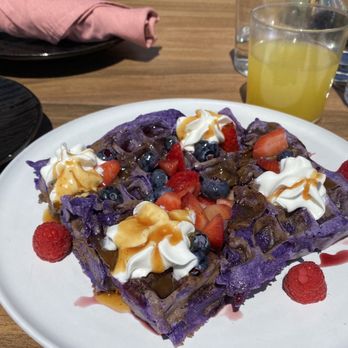 Kaiyo Rooftop - Ube waffles and pineapple juice - Peruvian Near Me - San Francisco, California
