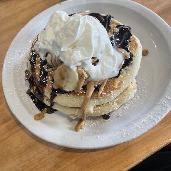 Brownstone Pancake Factory - Chocolate and Peanut Butter Pancakes - w/ banana - Breakfast & Brunch Near Me - Edgewater, New Jersey Brownstone Pancake Factory - Chocolate and Peanut Butter Pancakes - w/ banana - Breakfast & Brunch Near Me - Edgewater, New Jersey