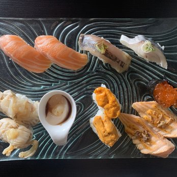 One Piece Sushi - Salmon nigiri, scallop, nigiri, scallop sashimi, Uni nigiri, seared salmon, ikura, and something I don't remember - Japanese Near Me - Millbrae, California