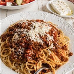 Yasou Mykonos - Spaghetti with Greek style meat sauce and mizithra ( Greek cheese hard ricotta style )