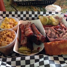 BBQ ribs,pulled pork,sweet potato casserole,corn bread,corn,pickles!