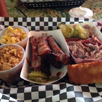 Moe's Original Bar B Que - BBQ ribs,pulled pork,sweet potato casserole,corn bread,corn,pickles! - Barbeque Near Me - Scarborough, Maine