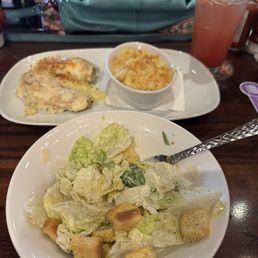 Cesar salad with Parmesan Crusted Chicken with macaroni and cheese. Strawberry margarita Cesar salad with Parmesan Crusted Chicken with macaroni and cheese. Strawberry margarita