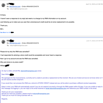 Monoprice - e-mails where I never got a response after accepting store credit. - Electronics Near Me - Rancho Cucamonga, California