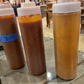 Naaman's BBQ - Three sauces-left to right Hot and spicy, sweet and mustard - Barbeque Near Me - Texarkana, Texas