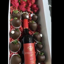 Lovely’s Bake Shop - Custom order - chocolate covered strawberries, roses, & Stella Rosa wine. Love it!!
