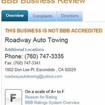 Roadway Towing & Recovery - "F" rating from the BBB - Towing Near Me - Escondido, California