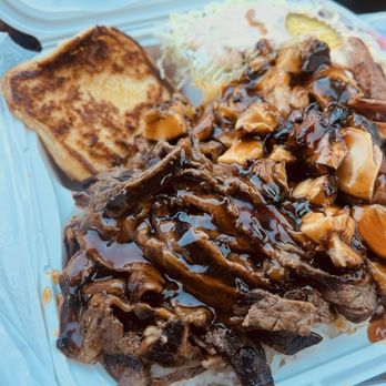 Pitburger - Combo Teriyaki Plate: served with rice, cabbage salad, and toasted buttery bun. Great char on the meats! - Burgers Near Me - Gardena, California