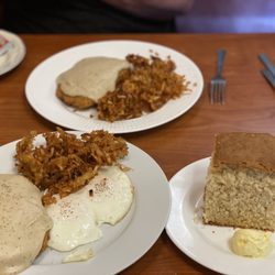 Maridon's Cafe - Chicken fried steak with crispy hash browns and home made biscuit