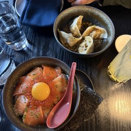 Dumplings, Sake Don Bowl Dumplings, Sake Don Bowl