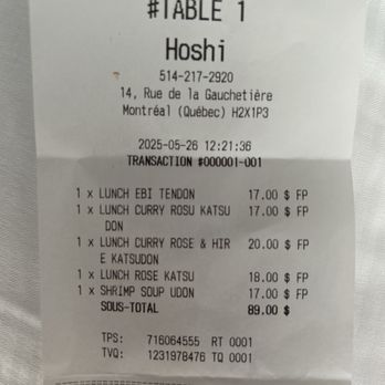 Hoshi - Receipt - Japanese Near Me - Montreal, Quebec Hoshi - Receipt - Japanese Near Me - Montreal, Quebec