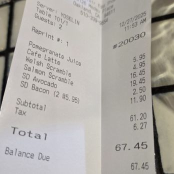 Montclair Egg Shop - Including gratuity this person price seems a bit high for two people. I've had diner and drinks for the same price. - Breakfast & Brunch Near Me - Oakland, California