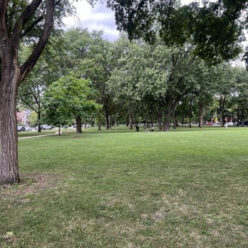 Palmer Square - Picture of the park - A spacious urban park with lush green grass, numerous trees, and a few people sitting on benches in the background. - Parks Near Me - Chicago, Illinois