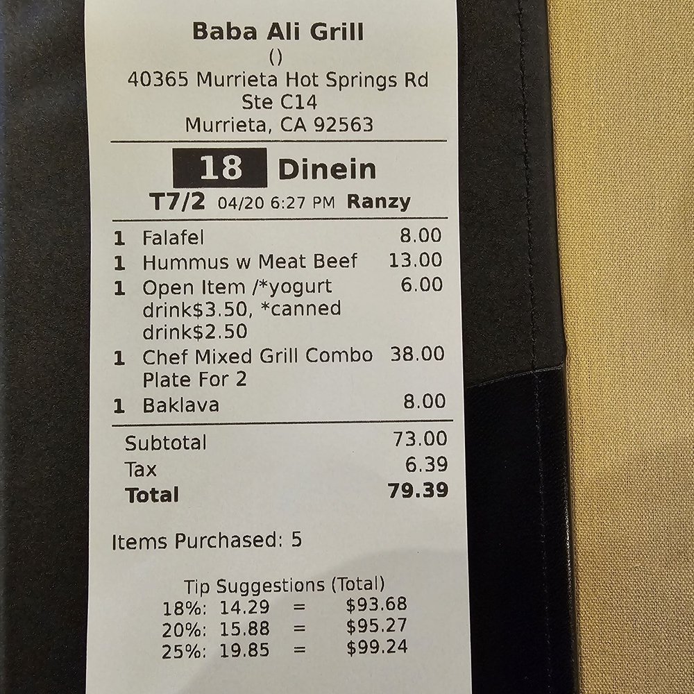 Baba Ali Grill - Receipt - Mediterranean Near Me - Murrieta, California Baba Ali Grill - Receipt - Mediterranean Near Me - Murrieta, California