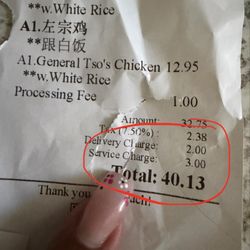 Dragon City Chinese Restaurant - My receipt. I put in a $3 tip. The printed receipt shows "service charge" instead of tip