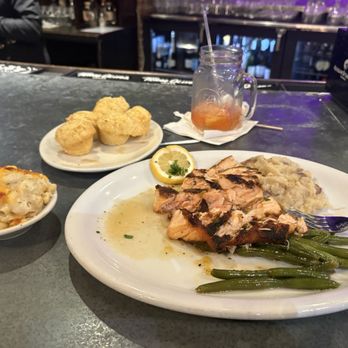 Sweet Georgia's Juke Joint - Peach salmon, mashed potato, green beans side of corn muffins and mac&cheese plus glass one of Down South - Southern Near Me - Atlanta, Georgia