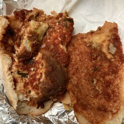 This is how I opened up the sandwich. 2 tiny pieces of chicken.