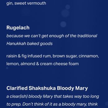 Drastic Measures - Hanukkah Menu (4)Gelt Negroni (5)Rugelach (6) Clarified Shakshuka Bloody Mary - Cocktail Bars Near Me - Shawnee, Kansas Drastic Measures - Hanukkah Menu (4)Gelt Negroni (5)Rugelach (6) Clarified Shakshuka Bloody Mary - Cocktail Bars Near Me - Shawnee, Kansas