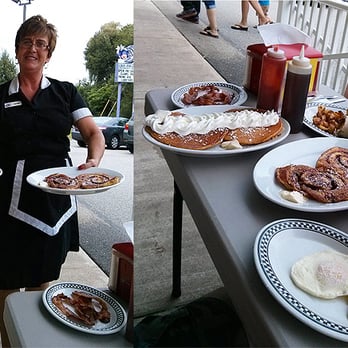 Dream Diner - Doreen serving us sweet potato pancakes with bananas and white chocolate chips and cinnamon roll french toast! - Diners Near Me - Tyngsboro, Massachusetts
