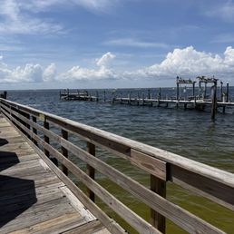 Dock with pelicans