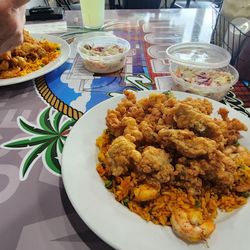 Fried conch and oysters with seafood rice