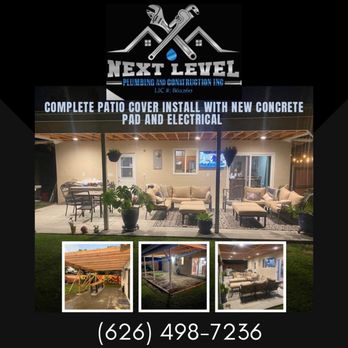 Next Level Plumbing And Construction - complete patio cover installation with new concrete pad and electrical - Plumbing Near Me Next Level Plumbing And Construction - complete patio cover installation with new concrete pad and electrical - Plumbing Near Me