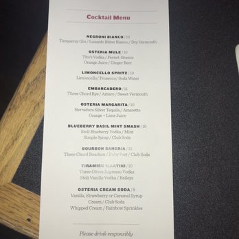 Osteria 166 - Cocktail menu - Italian Near Me - Buffalo, New York