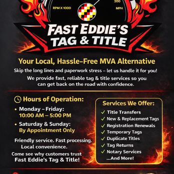 Fast Eddie's Tag & Title - Need tags or a title? Fast Eddie's Tag & Title gets it done quickly, correctly, and hassle-free. - Registration Services Near Me - Catonsville, Maryland Fast Eddie's Tag & Title - Need tags or a title? Fast Eddie's Tag & Title gets it done quickly, correctly, and hassle-free. - Registration Services Near Me - Catonsville, Maryland