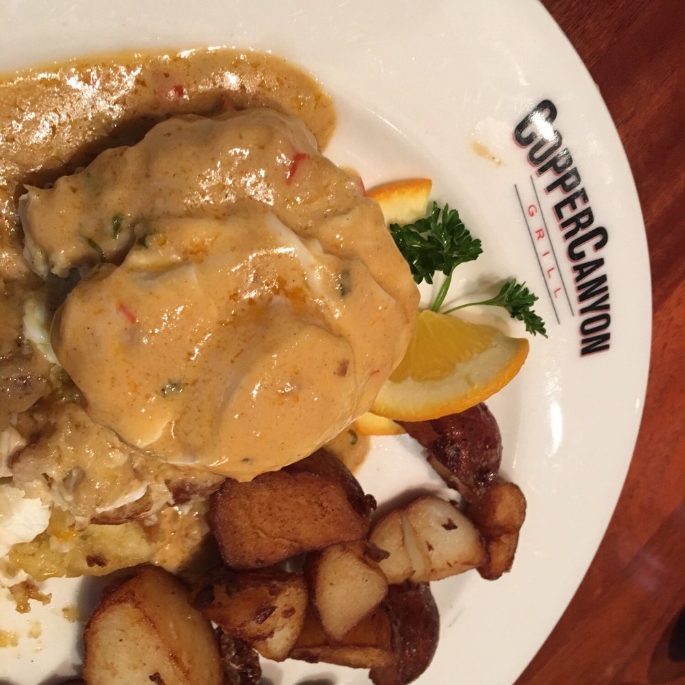 Copper Canyon Grill- Silver Spring - Crab Benedict with Breakfast Potatoes (one positive thing was that I didn't have to ask for ketchup)! - American Near Me - Silver Spring, Maryland