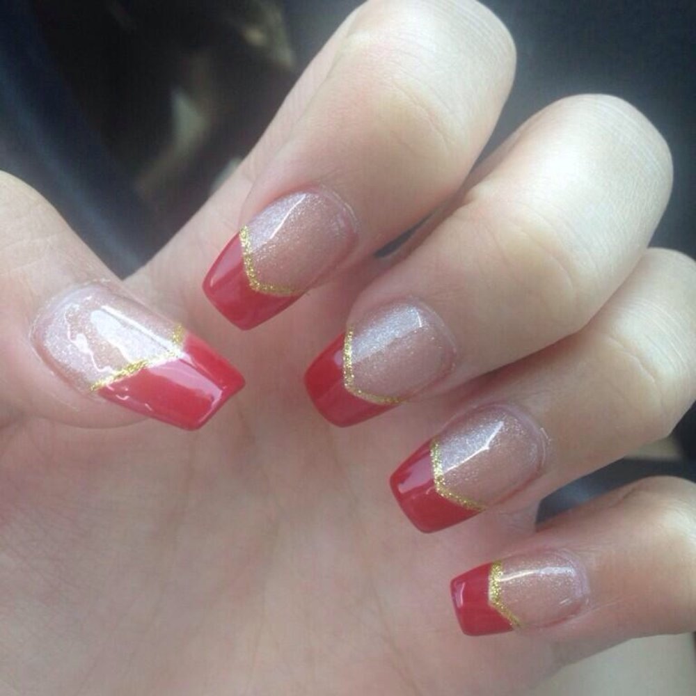 Friendly Nail Spa - Beautiful beige shimmer, gold lined and red tip acrylic set done by Vicky - Nail Salons Near Me - Costa Mesa, California