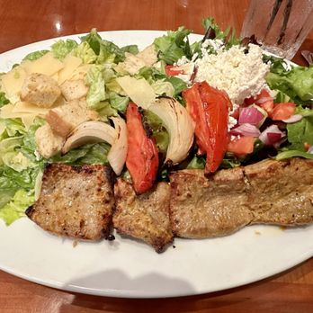 Panini Kabob Grill - Lamb kabob with Caesar Salad*and Mediterranean Greek Salad - Mediterranean Near Me - Irvine, California Panini Kabob Grill - Lamb kabob with Caesar Salad*and Mediterranean Greek Salad - Mediterranean Near Me - Irvine, California