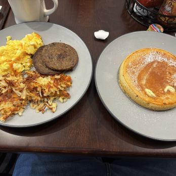 Shine & Dine Cafe - Pancake, sausage, hashbrowns, scrambled eggs with cheese - Breakfast & Brunch Near Me - Wake Forest, North Carolina