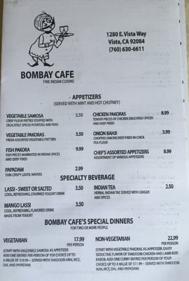 Menu photo 8 Bombay Cafe Vista, CA