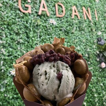 Gadani - Matcha ice cream with condensed milk and red bean on a bubble waffle - Coffee & Tea Near Me - Berkeley, California Gadani - Matcha ice cream with condensed milk and red bean on a bubble waffle - Coffee & Tea Near Me - Berkeley, California