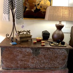 Vintage Flair - Antiques Bali wedding trunk, coconut lamp, wrought iron plant stand, gilded lacquer bowls, Indo spice box, batik artwork