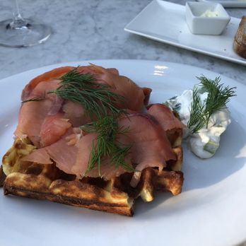 Bistro Elan - Smoked salmon on potato waffle with dill crème fraiche - French Near Me - Palo Alto, California
