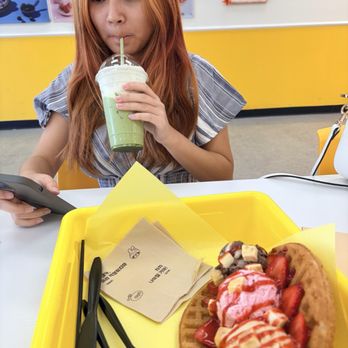 Waffle University - Strawberry cheesecake ice cream waffle and Matcha Latte - Waffles Near Me - Las Vegas, Nevada Waffle University - Strawberry cheesecake ice cream waffle and Matcha Latte - Waffles Near Me - Las Vegas, Nevada