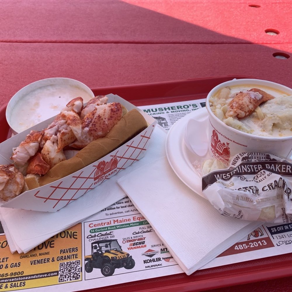 The Red Barn - 1/4 pound Lobster roll ('clear meat' option) and small Seafood Stew. - Seafood Near Me - Augusta, Maine The Red Barn - 1/4 pound Lobster roll ('clear meat' option) and small Seafood Stew. - Seafood Near Me - Augusta, Maine