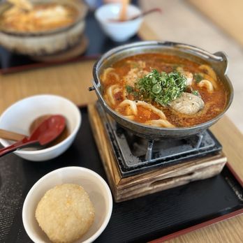 Okidoki by Meiji - Spicy seafood udon with Cheesy Rice Ball - Izakaya Near Me - Tustin, California Okidoki by Meiji - Spicy seafood udon with Cheesy Rice Ball - Izakaya Near Me - Tustin, California