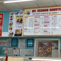 Mount Vernon Donuts - Menu: donuts, muffins, pig in blanket, bagels, kolache, boudin sausage, croissant, English muffins, biscuits, etc