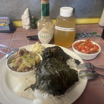 Kaaloa's Super Js Authentic Hawaiian - Three choices - kalua pig and cabbage (always with Tabasco for me), chicken laulau and pork laulau (alwaaays with the chili pepper watah) - Hawaiian Near Me - Captain Cook, Hawaii Kaaloa's Super Js Authentic Hawaiian - Three choices - kalua pig and cabbage (always with Tabasco for me), chicken laulau and pork laulau (alwaaays with the chili pepper watah) - Hawaiian Near Me - Captain Cook, Hawaii