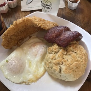 Biscuit Head - Eggs over medium, catfish, andouille sausage and their famous cat head biscuit - Bakeries Near Me - Asheville, North Carolina