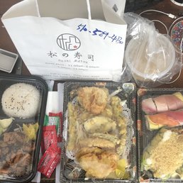 Two item-Bento box (chicken Karange and cucumber roll), Vegetable tempura, Rainbow roll, Warriors Roll, and Cherry Blossom (not pictured) Two item-Bento box (chicken Karange and cucumber roll), Vegetable tempura, Rainbow roll, Warriors Roll, and Cherry Blossom (not pictured)