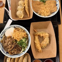 Beef Gyudon, Kitsune, shrimp tempura, pumpkin tempura, fried gyozas, fried mushrooms Beef Gyudon, Kitsune, shrimp tempura, pumpkin tempura, fried gyozas, fried mushrooms