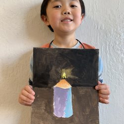 Art School of SF Bay - Young artist (ages 4-7) with his candle painting -- real art fundamentals for preschool & young kids in Marin.
