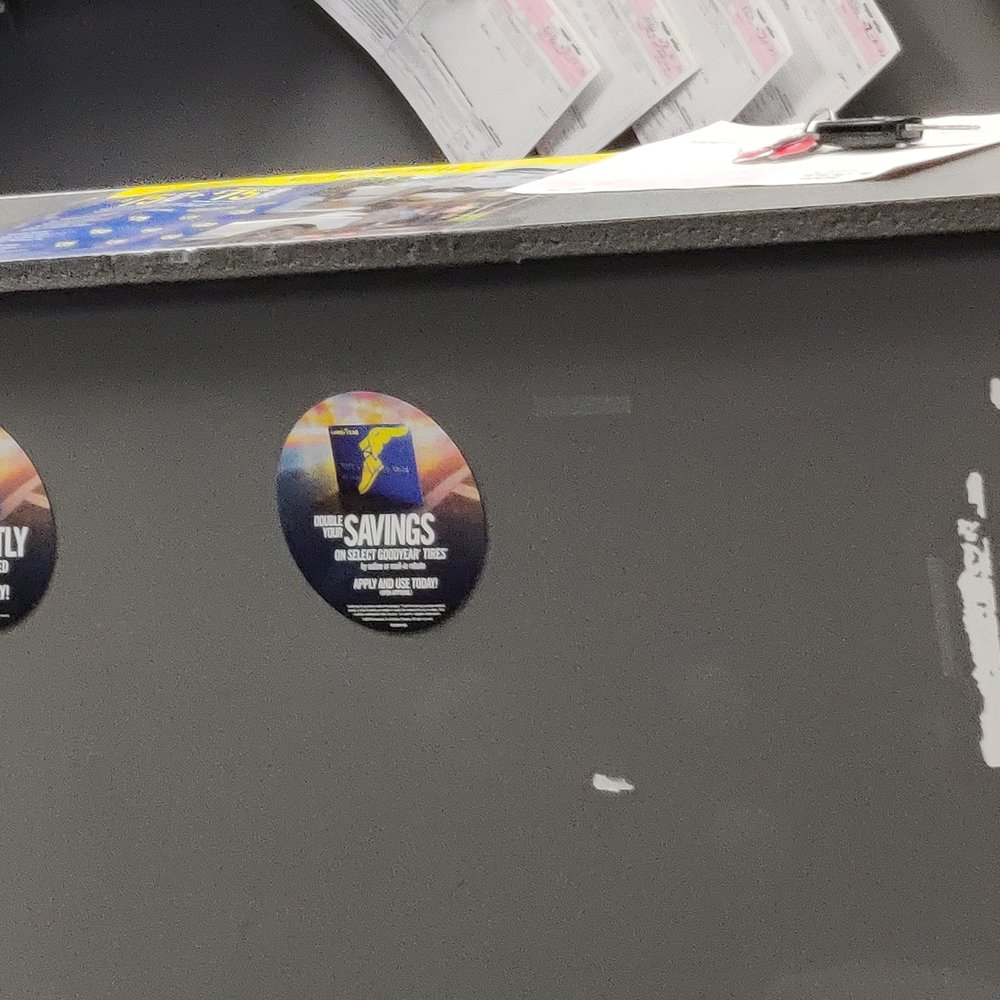 Just a few of the many pieces of signage about the Goodyear credit card that they don't take. Just a few of the many pieces of signage about the Goodyear credit card that they don't take.