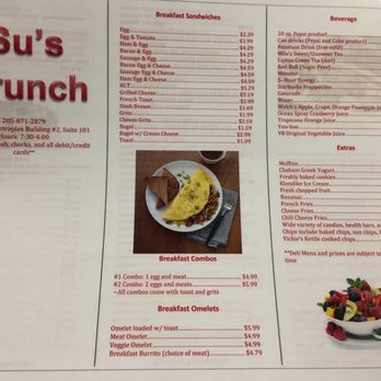 Su's Brunch - Menu's for Su's Deli. Definitely check out the specials! Taken January 11th, 2017 - Delis Near Me - Birmingham, Alabama Su's Brunch - Menu's for Su's Deli. Definitely check out the specials! Taken January 11th, 2017 - Delis Near Me - Birmingham, Alabama