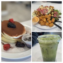 Tiramisu pancakes, chicken & croffle and matcha latte.