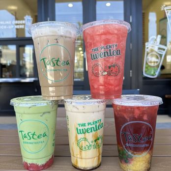 Tastea - Top: House special & watermelon heaven Bottom: Matcha strawberry, tiger milk, peach me sweetea - Bubble Tea Near Me - San Jose, California Tastea - Top: House special & watermelon heaven Bottom: Matcha strawberry, tiger milk, peach me sweetea - Bubble Tea Near Me - San Jose, California