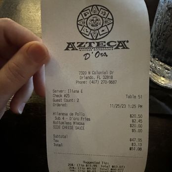 Azteca D'Oro Mexican Restaurant West Colonial - Check for 2 people - Mexican Near Me - Orlando, Florida